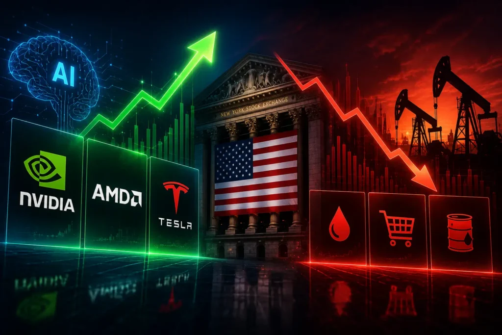 Chứng khoán Mỹ phân hóa mạnh: Nvidia và cổ phiếu AI dẫn sóng, năng lượng và bán lẻ chịu áp lực