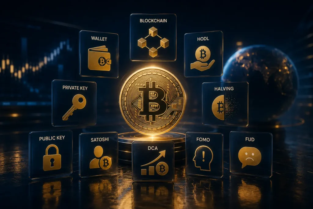 Tìm hiểu 10 thuật ngữ Bitcoin cơ bản như blockchain, ví Bitcoin, HODL, halving, DCA và market cap giúp người mới bắt đầu đầu tư crypto an toàn hơn.