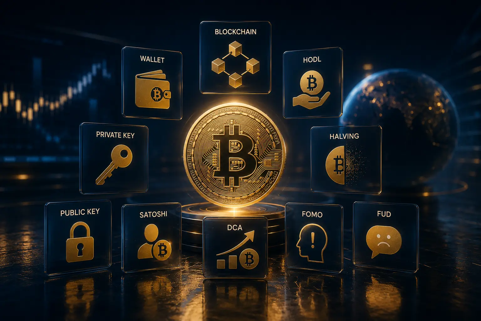 Tìm hiểu 10 thuật ngữ Bitcoin cơ bản như blockchain, ví Bitcoin, HODL, halving, DCA và market cap giúp người mới bắt đầu đầu tư crypto an toàn hơn.