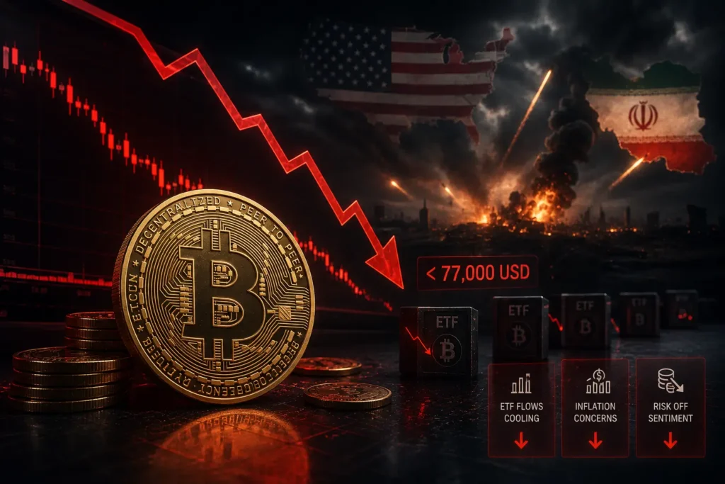 Bitcoin giảm dưới 77.000 USD khi căng thẳng Mỹ - Iran leo thang và dòng vốn ETF suy yếu