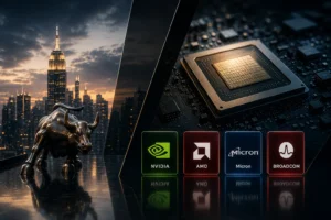 Chứng khoán Mỹ phân hóa mạnh: Cổ phiếu AI bùng nổ, Nvidia điều chỉnh nhẹ nhưng dòng tiền vẫn đổ vào công nghệ